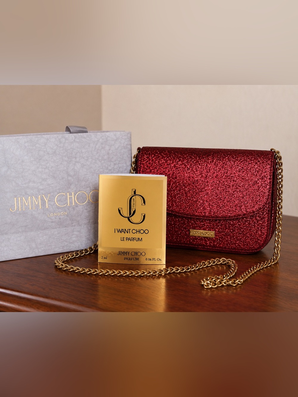 Jimmy Choo Parfums Red Glitter Crossbody with FREE Perfume Sample